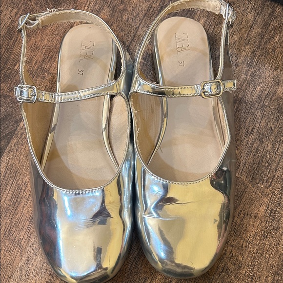 Zara Shiny Silver Flats with Strap - Picture 1 of 6